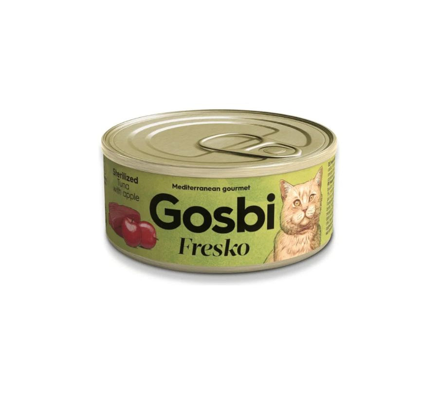 Gosbi Fresko Sterilized Atún y Manzana, alimento húmedo bajo en grasa para gatos esterilizados. Rico en atún y fibra natural, ideal como complemento.