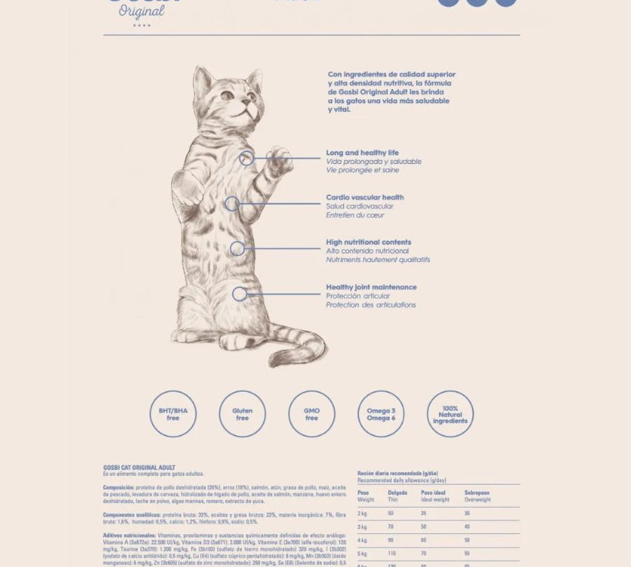 Gosbi Original Cat Adult 3Kg, alimento natural y nutritivo para gatos adultos, con proteínas de alta calidad y sin gluten para una vida saludable.