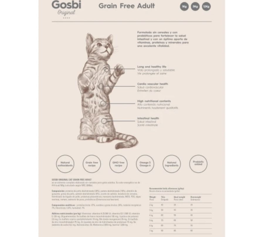 Gosbi Original Cat Grain Free Adult 12 Kg, sin cereales, rico en proteínas y probióticos, ideal para una digestión saludable y vitalidad diaria.