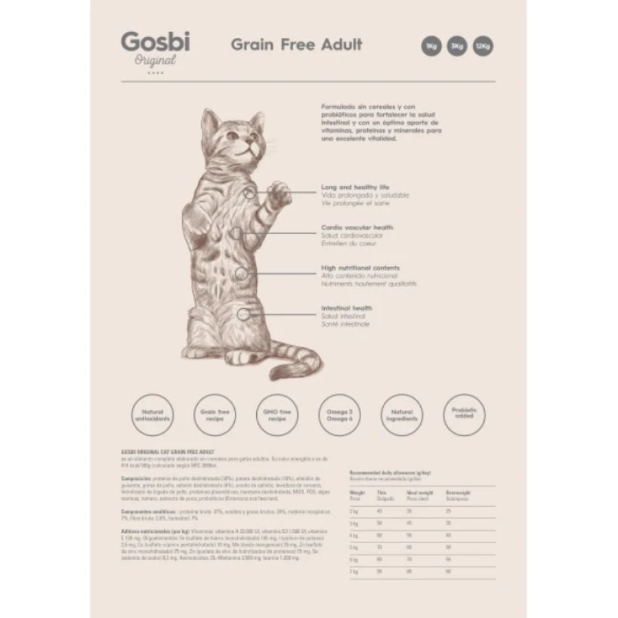 Gosbi Original Cat Grain Free Adult 12 Kg, sin cereales, rico en proteínas y probióticos, ideal para una digestión saludable y vitalidad diaria.