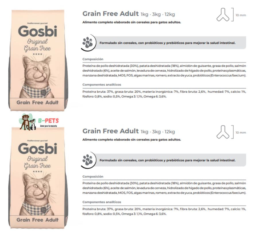 Gosbi Original Cat Grain Free Adult 3 Kg, sin cereales, rico en proteínas y probióticos, ideal para una digestión saludable y vitalidad diaria. B-Pets