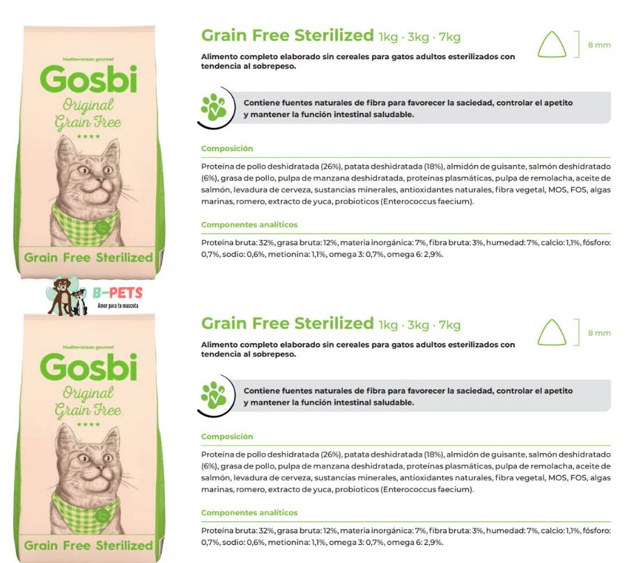 Gosbi Original Cat Grain Free Sterilized 7 Kg alimento sin cereales para gatos esterilizados, con bajo contenido en grasa y fibra para controlar el apetito.