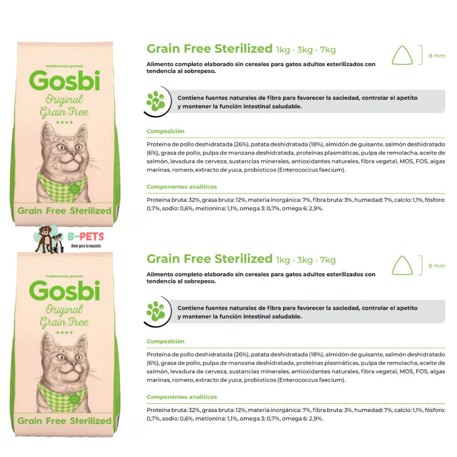 Gosbi Original Cat Grain Free Sterilized 7 Kg alimento sin cereales para gatos esterilizados, con bajo contenido en grasa y fibra para controlar el apetito.