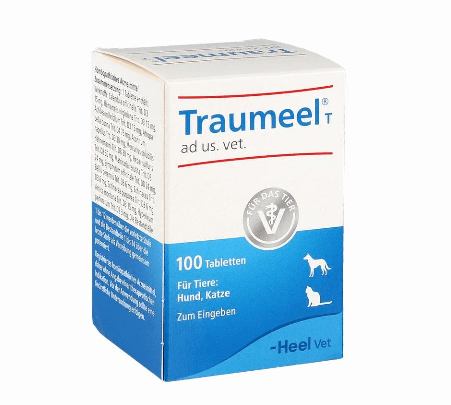 Heel Traumeel 100 Comprimidos, tratamiento homeopático para mascotas que alivia inflamaciones, dolores y promueve la reparación de tejidos.