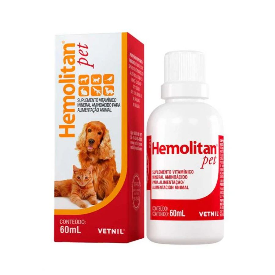 Hemolitan 60 ml suplemento hematopoyético con hierro, vitaminas B y ácido fólico. Ideal para animales en crecimiento, recuperación o con anemia. B-Pets