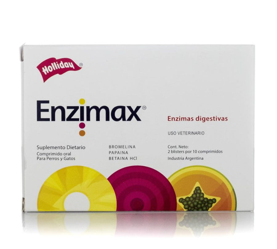Holliday Enzimax 20 Comprimidos, suplemento digestivo vegetal que mejora la absorción de nutrientes y favorece la salud gastrointestinal de perros y gatos.