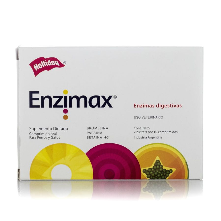 Holliday Enzimax 20 Comprimidos, suplemento digestivo vegetal que mejora la absorción de nutrientes y favorece la salud gastrointestinal de perros y gatos.