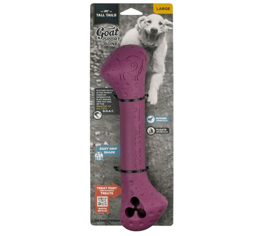 Hueso de Goma Natural GOAT 🦴, juguete duradero para perros activos, con espacio para snacks y colores visibles. Perfecto para buscar y morder.