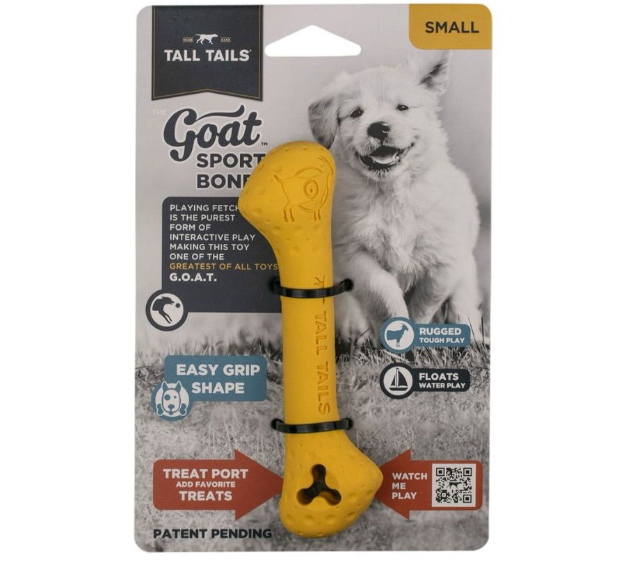 Hueso de Goma Natural GOAT 🦴, juguete duradero para perros activos, con espacio para snacks y colores visibles. Perfecto para buscar y morder.