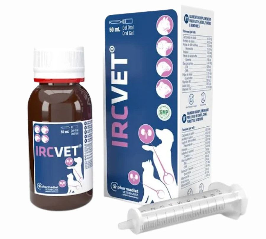 IRC VET Gel 50 ml, suplemento renal con quercetina, omega 3 y vitaminas, ideal para perros, gatos y pequeños animales con insuficiencia renal.