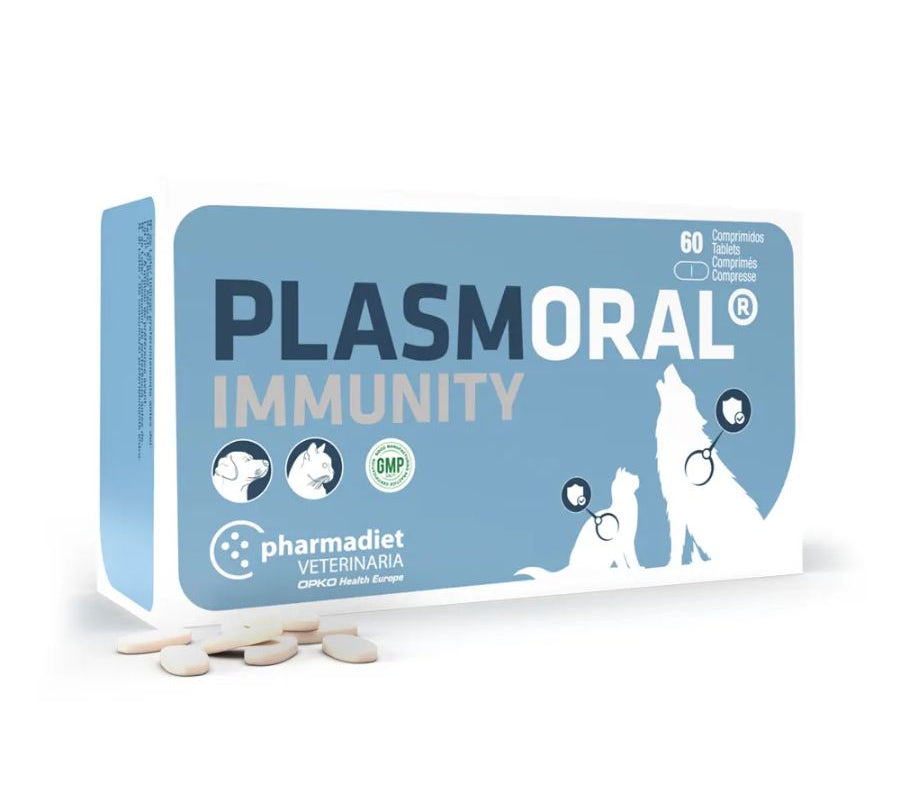 Immunity Plasmoral 60 Comprimidos, con proteínas plasmáticas, ginseng y vitaminas, refuerza el sistema inmune de perros y gatos en situaciones críticas.