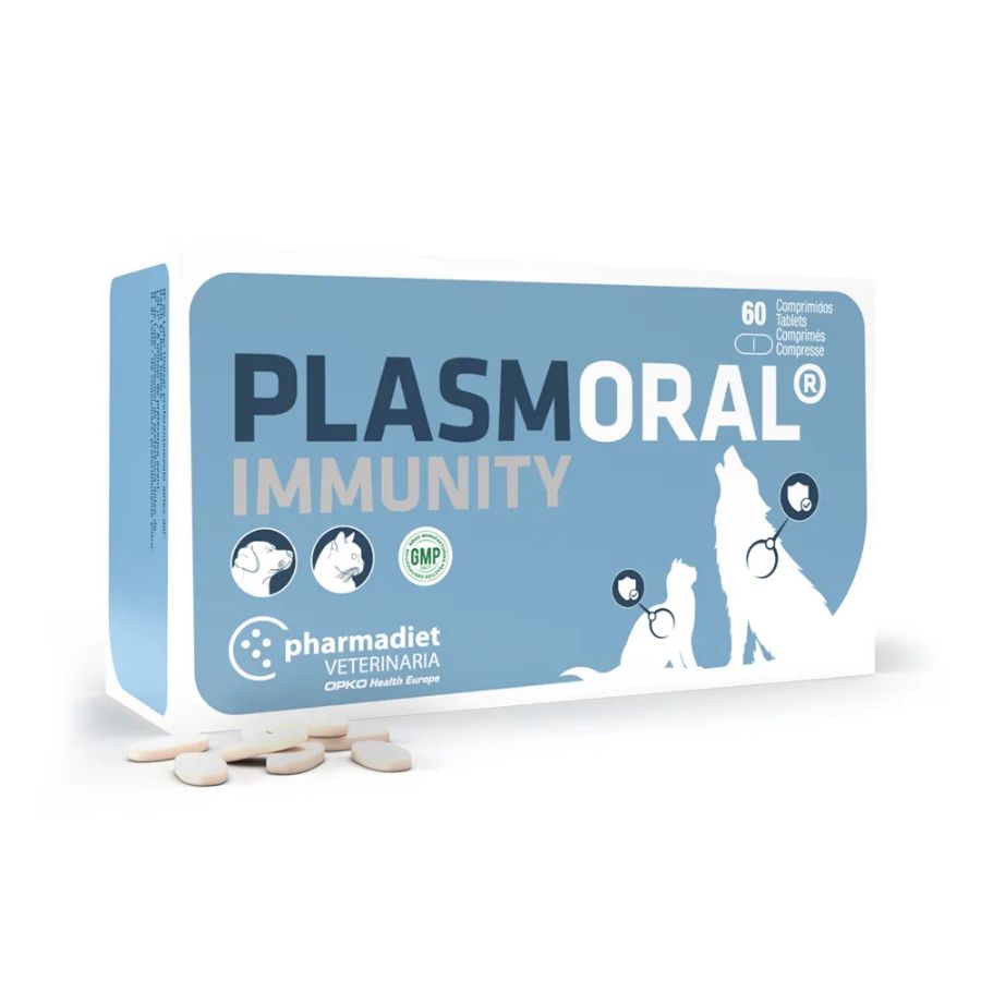 Immunity Plasmoral 60 Comprimidos, con proteínas plasmáticas, ginseng y vitaminas, refuerza el sistema inmune de perros y gatos en situaciones críticas.