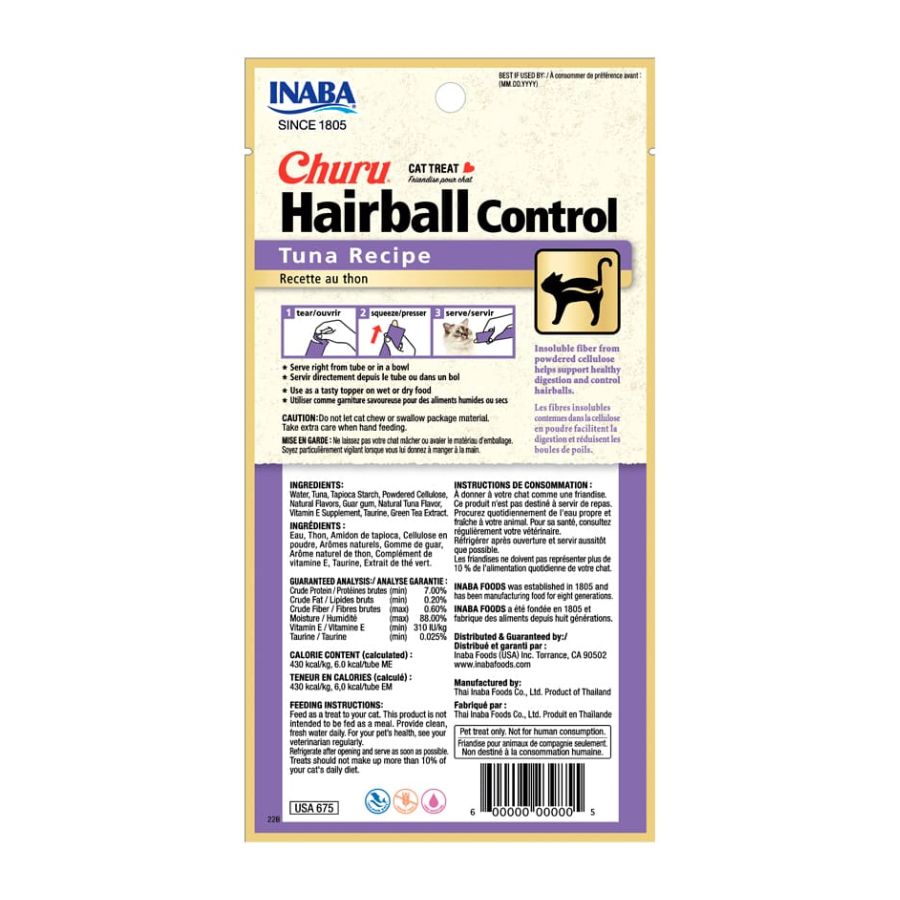 Churu Hairball Control Sabor Atún ayuda a prevenir bolas de pelo con una fórmula cremosa, libre de granos y aditivos, ideal para la salud digestiva felina.