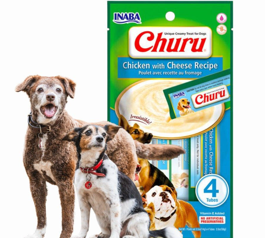 Churu Perro Sabor Pollo y Queso es un snack cremoso con ingredientes de grado humano, sin granos ni aditivos. Ideal como premio para perros de todas las edades.