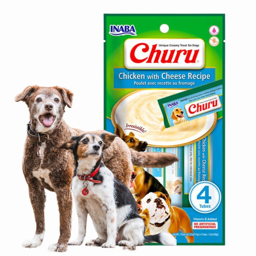 Churu Perro Sabor Pollo y Queso es un snack cremoso con ingredientes de grado humano, sin granos ni aditivos. Ideal como premio para perros de todas las edades.
