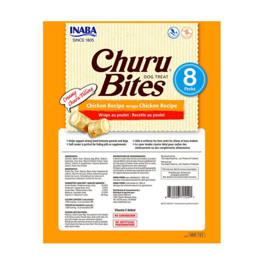 Churu bites Pollo para Perros, snack cremoso sin granos, con pollo, atún, vitamina E y textura suave irresistible.