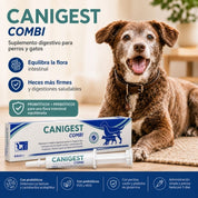 Infografía de Canigest Combi 64 ml con perro: probióticos y prebióticos para la flora intestinal y heces más firmes