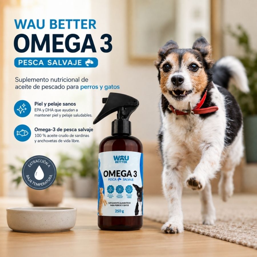 Infografía de beneficios de Wau Better Omega 3: piel y pelaje sanos con EPA y DHA, aceite de sardinas y anchovetas salvajes