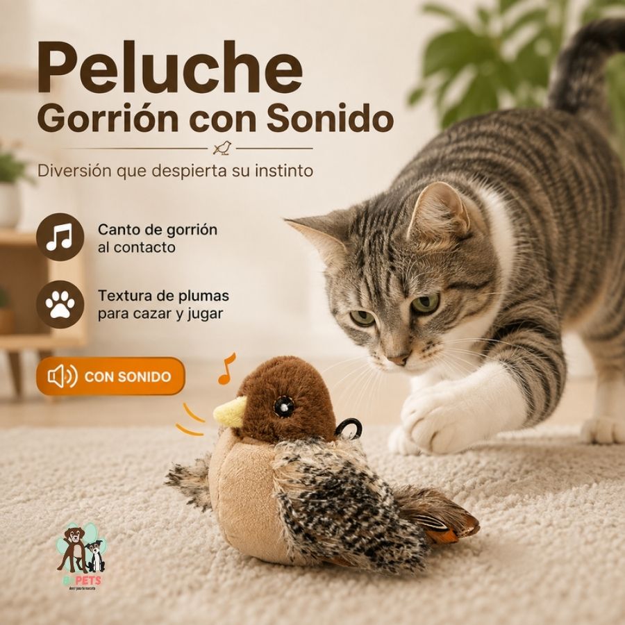 Infografía del Peluche Gorrión con Sonido: gato atigrado acecha el juguete, canto al contacto y textura de plumas