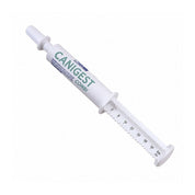 Jeringa dosificadora de Canigest Combi 64 ml con pasta oral, graduada de 0 a 64 ml para medir la dosis por peso