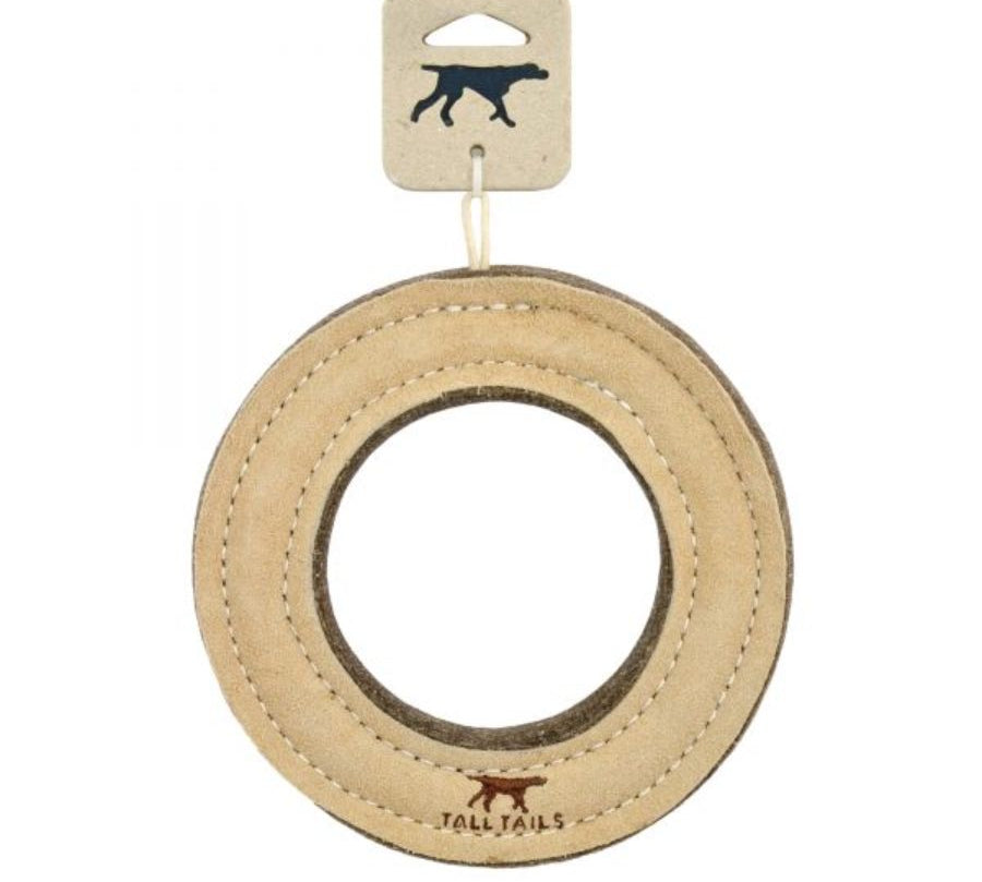Juguete Anillo de Cuero Natural y Lana 🐾, perfecto para juegos de tirar y buscar en perros medianos y grandes. Natural, seguro y resistente.