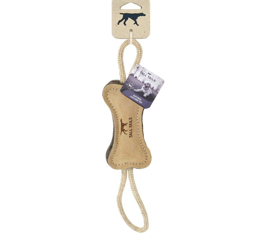 Juguete Hueso de Cuero Natural con Lana y Cuerda 🦴, ideal para juegos de tirar. Seguro, duradero y contribuye a la salud dental de perros pequeños.
