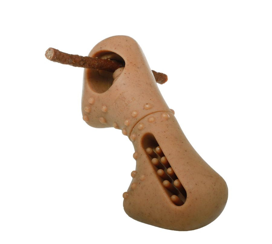 Juguete Porta Stick Masticable Sabor Tocino 🐾, seguro y con aroma a tocino, sujeta snacks y reduce el riesgo de asfixia en perros activos.