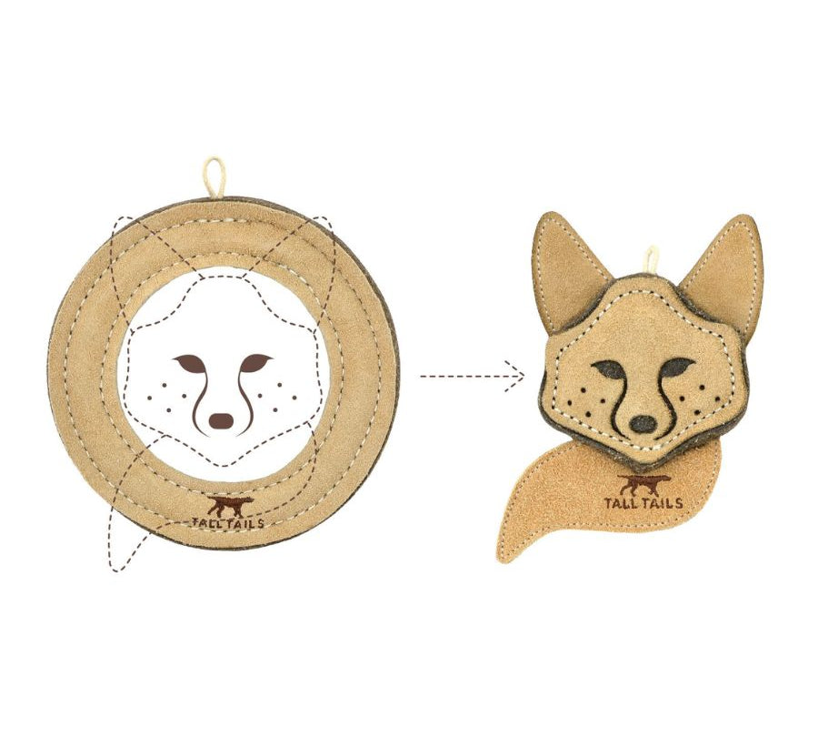 Juguete Zorro de Cuero Natural y Lana 🦊, seguro y ecológico, ideal para perros pequeños en juegos de buscar y tirar. Sin químicos ni colorantes.