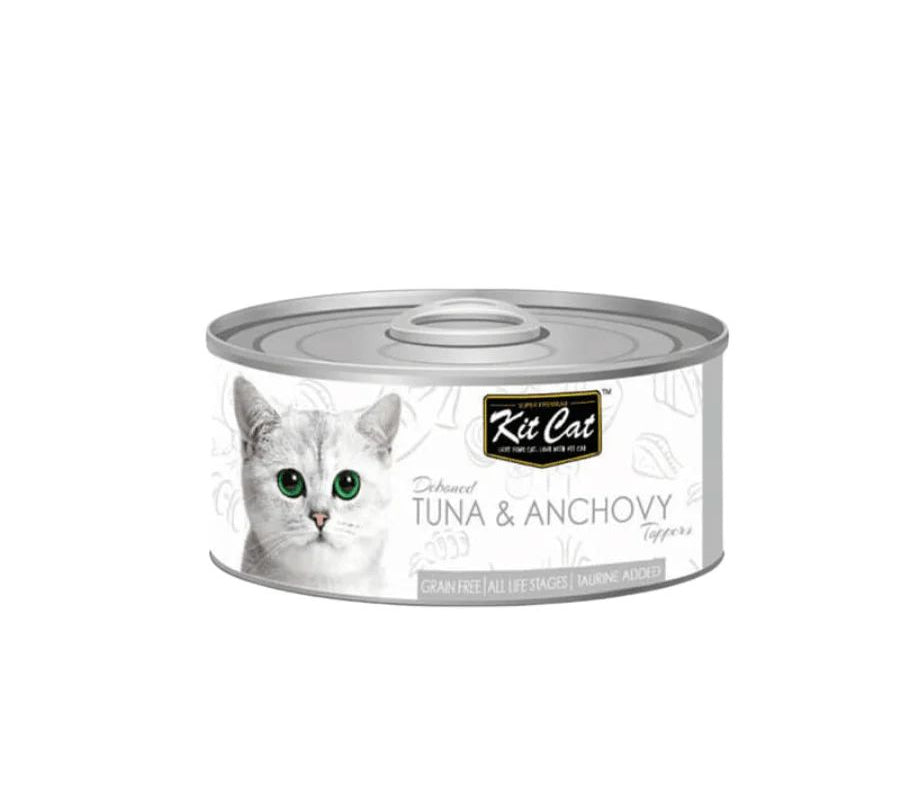 Kit Cat Deboned Atún & Anchoas Toppers: Alimento húmedo gourmet para gatos. Enriquecido con omega-3 y 6, apoya la salud renal y cardíaca. Bajo en calorías.