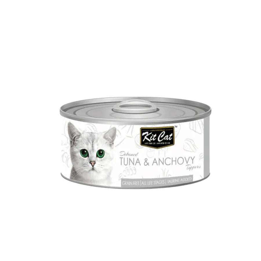 Kit Cat Deboned Atún & Anchoas Toppers: Alimento húmedo gourmet para gatos. Enriquecido con omega-3 y 6, apoya la salud renal y cardíaca. Bajo en calorías.
