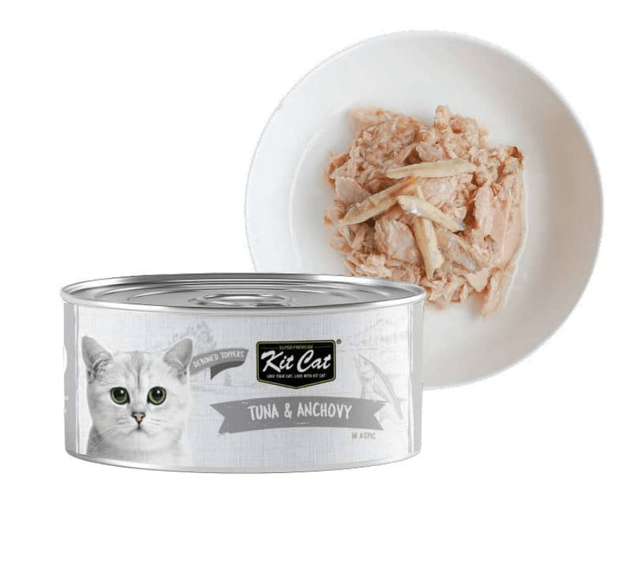Kit Cat Deboned Atún & Anchoas Toppers: Alimento húmedo gourmet para gatos. 🐱 Enriquecido con omega-3 y 6, apoya la salud renal y cardíaca. Bajo en calorías.
