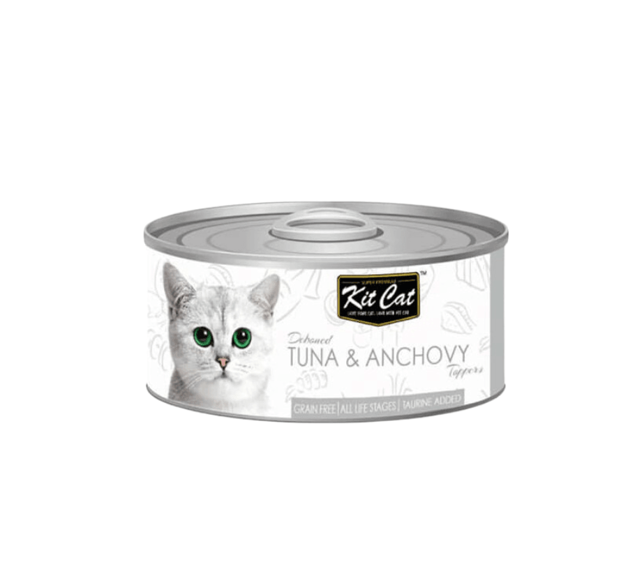 "Kit Cat Deboned Atún & Anchoas Toppers: Alimento húmedo gourmet para gatos. 🐱 Enriquecido con omega-3 y 6, apoya la salud renal y cardíaca. Bajo en calorías.