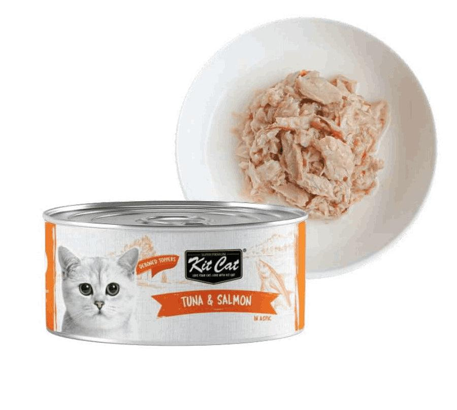 Kit Cat Deboned Atún & Salmón Toppers: Alimento húmedo gourmet para gatos. Enriquecido con omega-3 y 6, apoya la salud renal y cardíaca. Bajo en calorías.