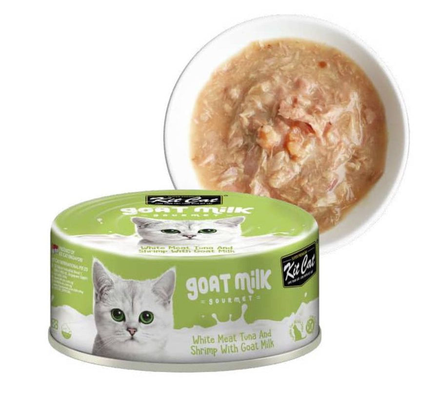 Kit Cat Goat Milk Gourmet Atún & Camarón 🐟🦐 con leche de cabra y prebióticos, ideal para la digestión y el sistema inmune. Sin granos ni conservantes.