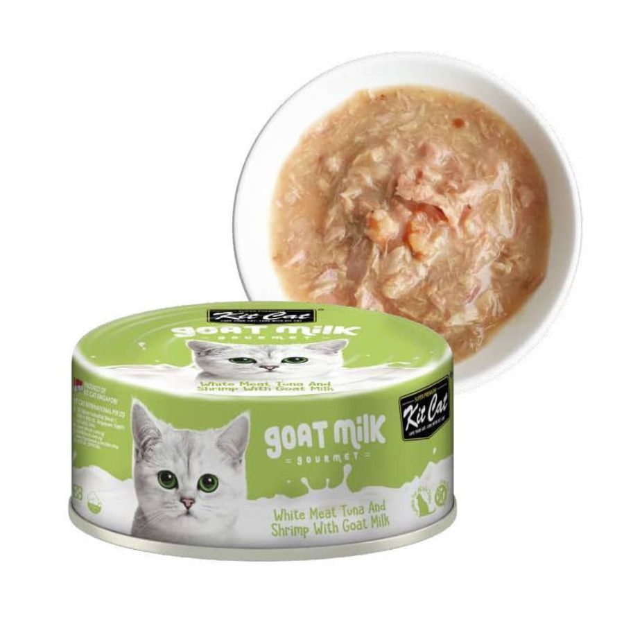 Kit Cat Goat Milk Gourmet Atún & Camarón 🐟🦐 con leche de cabra y prebióticos, ideal para la digestión y el sistema inmune. Sin granos ni conservantes.