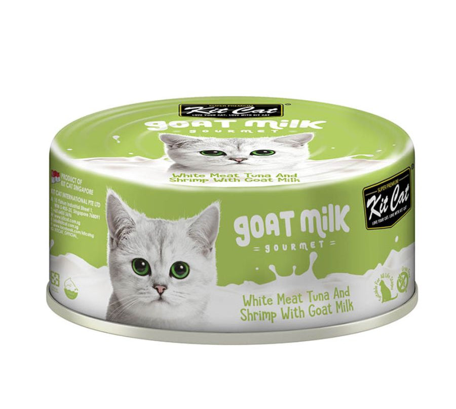 Kit Cat Goat Milk Gourmet Atún & Camarón 🐟🦐 con leche de cabra y prebióticos, ideal para la digestión y el sistema inmune. Sin granos ni conservantes.