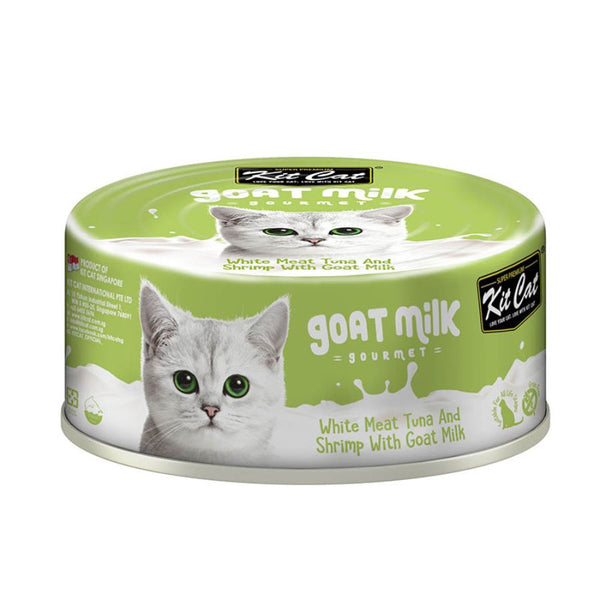 Kit Cat Goat Milk Gourmet Atún & Camarón con leche de cabra y prebióticos, ideal para la digestión y el sistema inmune. Sin granos ni conservantes.