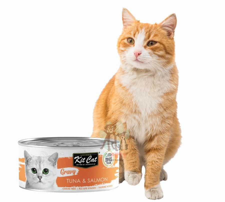Kit Cat Gravy Series Atún & Salmón, comida húmeda sin cereales con ingredientes 100% naturales. Rica en Omega 3 y taurina para gatos saludables.