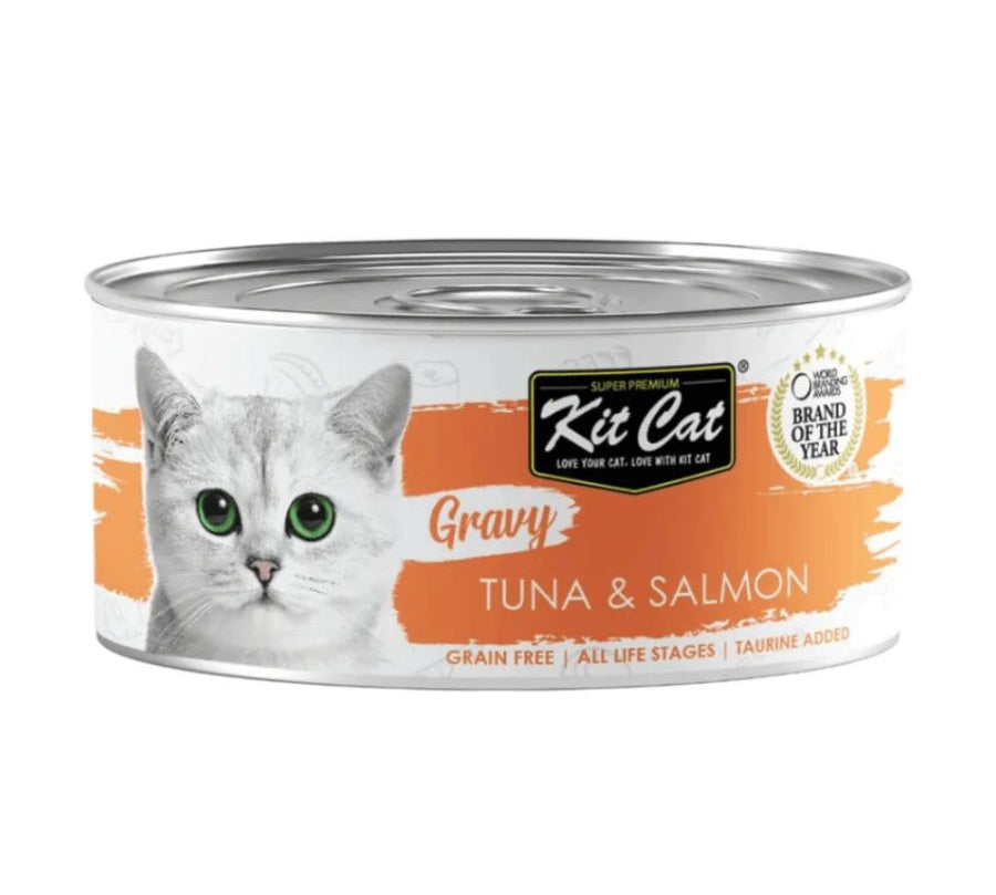 Kit Cat Gravy Series Atún & Salmón 🐟, comida húmeda sin cereales con ingredientes 100% naturales. Rica en Omega 3 y taurina para gatos saludables.