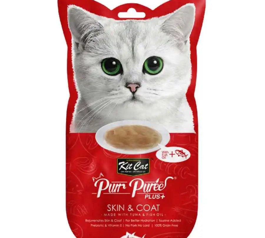 Kit Cat Purr Plus Skin & Coat Atún: Snack cremoso para salud de piel y pelaje de gatos. 🐱 Con atún y aceite de pescado, rico en Omega 3 y 6. Ideal desde los 2 meses.