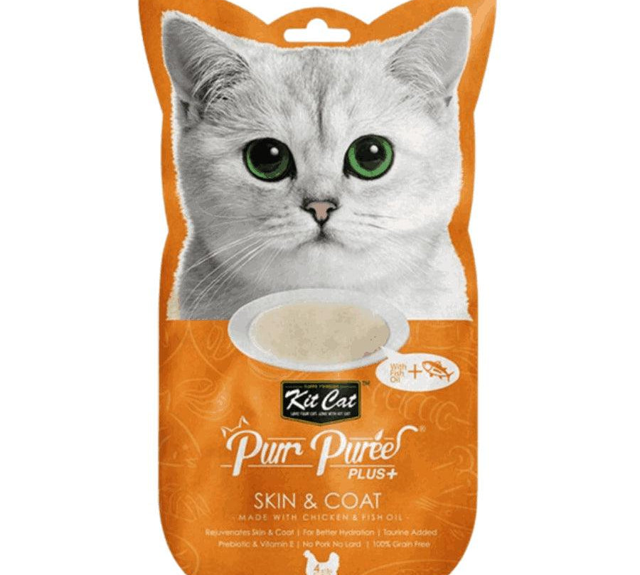 Kit Cat Purr Plus Skin & Coat Pollo: Snack cremoso para salud de piel y pelaje de gatos. 🐱 Con atún y aceite de pescado, rico en Omega 3 y 6. Ideal desde los 2 meses.