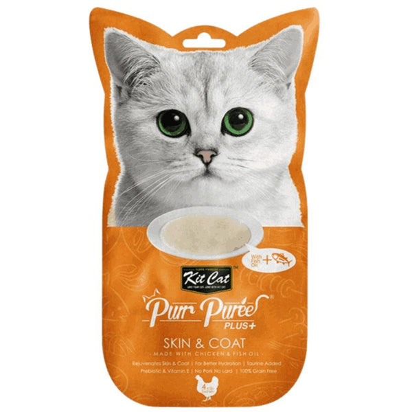 Kit Cat Purr Plus Skin & Coat Pollo: Snack cremoso para salud de piel y pelaje de gatos. Con atún y aceite de pescado, rico en Omega 3 y 6. Ideal desde los 2 meses.