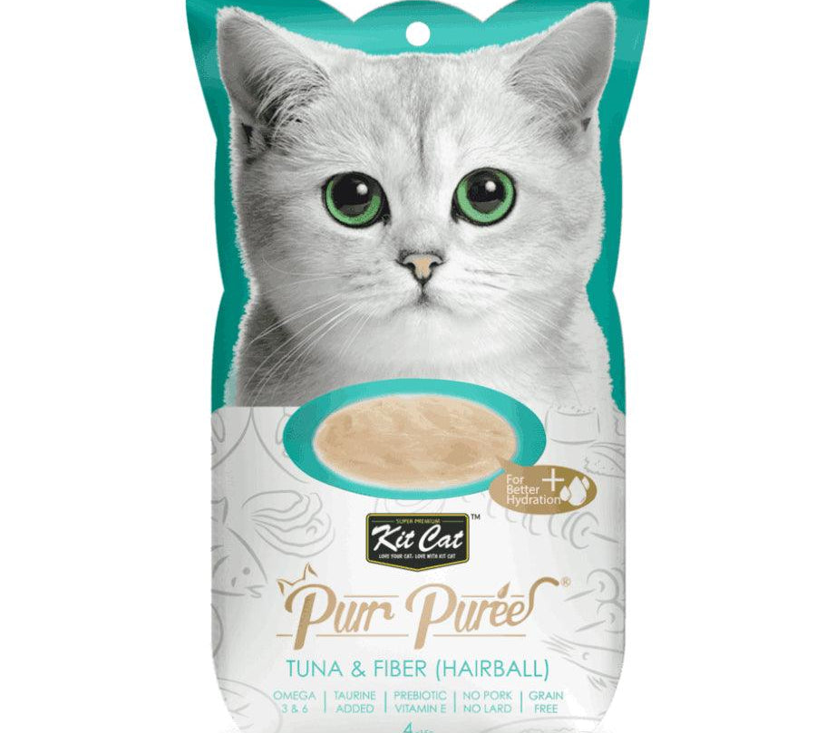 Kit Cat Purr Puree Atún y Fibra: Snack cremoso para control de bolas de pelo en gatos. 🐱 Rico en fibra y Omega 3, natural y sin cereales. Ideal desde los 2 meses.