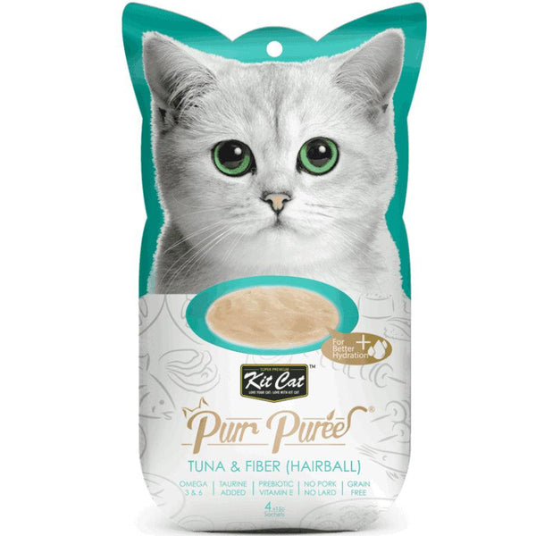 Kit Cat Purr Puree Atún y Fibra: Snack cremoso para control de bolas de pelo en gatos. Rico en fibra y Omega 3, natural y sin cereales. Ideal desde los 2 meses.