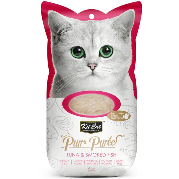 Kit Cat Purr Puree Atún y Pescado Ahumado: Snack cremoso para gatos desde 2 meses. Rico en Omega 3 y 6, natural y sin cereales. Sabroso complemento diario.