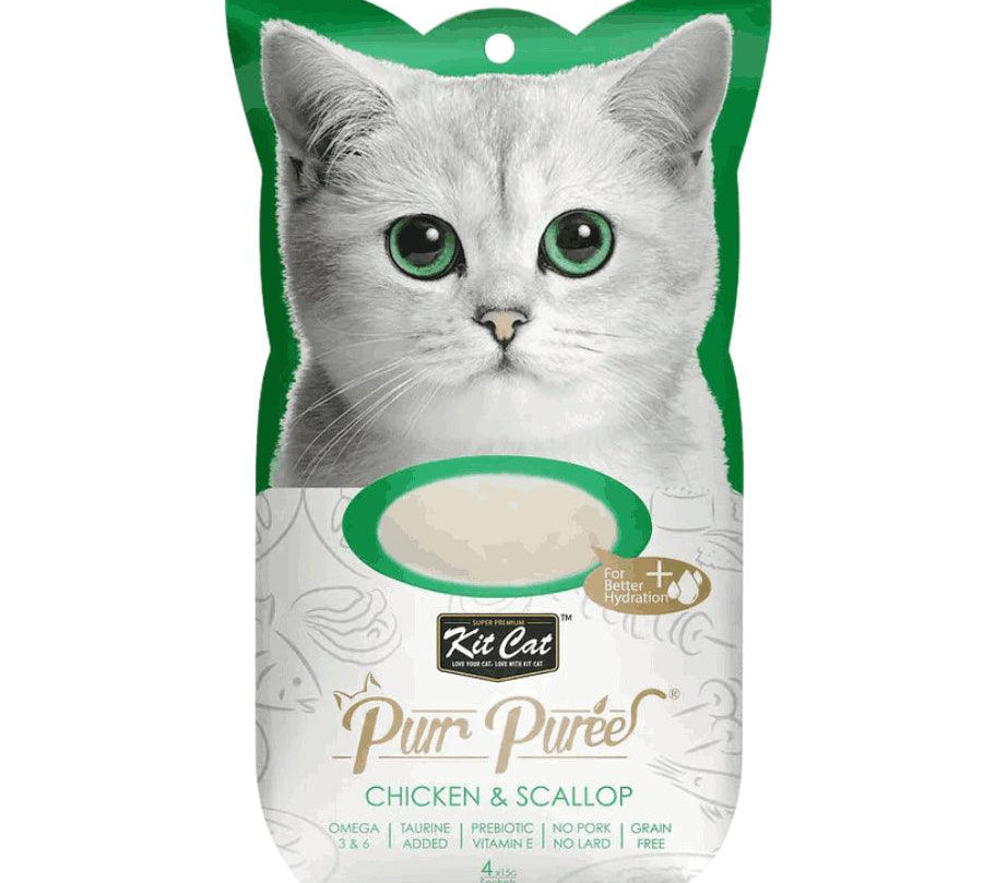 Kit Cat Purr Puree Pollo y Ostiones: Snack cremoso para gatos desde 2 meses. 🐱 Ingredientes naturales con Omega 3 y 6. Sabor único y nutritivo en sticks de 15g.