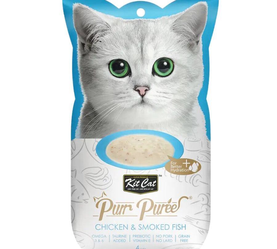 Kit Cat Purr Puree Pollo y Pescado Ahumado: Snack cremoso y nutritivo para gatos. 🐱 Con Omega 3 y 6, perfecto para todas las edades. Natural y bajo en calorías.