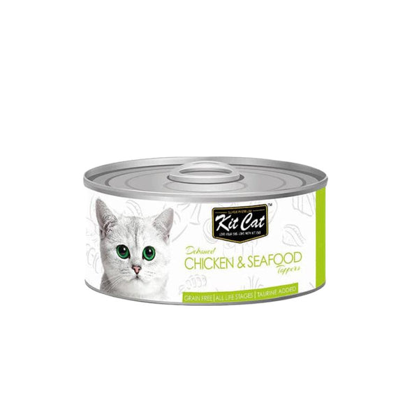 Kit Cat Deboned Pollo & Seafood Toppers: Alimento húmedo gourmet para gatos. Enriquecido con omega-3 y 6, apoya la salud renal y cardíaca. Bajo en calorías.