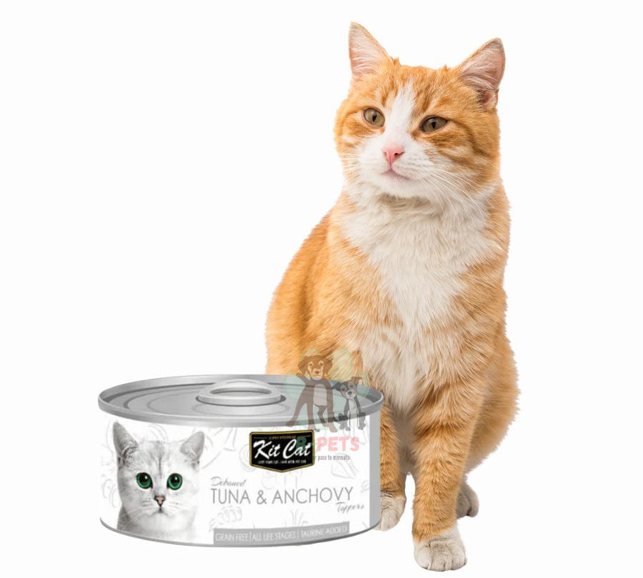 Kit Cat Deboned Atún & Anchoas Toppers: Alimento húmedo gourmet para gatos. Enriquecido con omega-3 y 6, apoya la salud renal y cardíaca. Bajo en calorías.