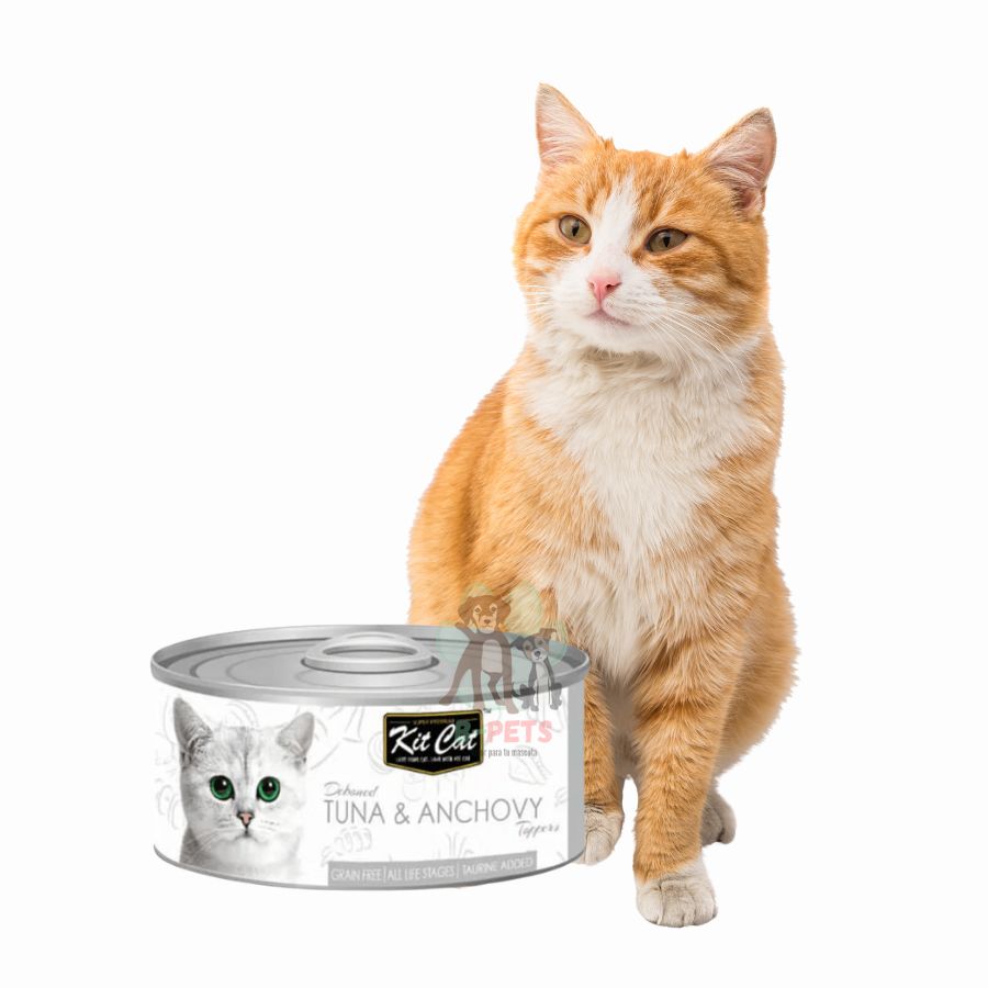 Kit Cat Deboned Atún & Anchoas Toppers: Alimento húmedo gourmet para gatos. Enriquecido con omega-3 y 6, apoya la salud renal y cardíaca. Bajo en calorías.